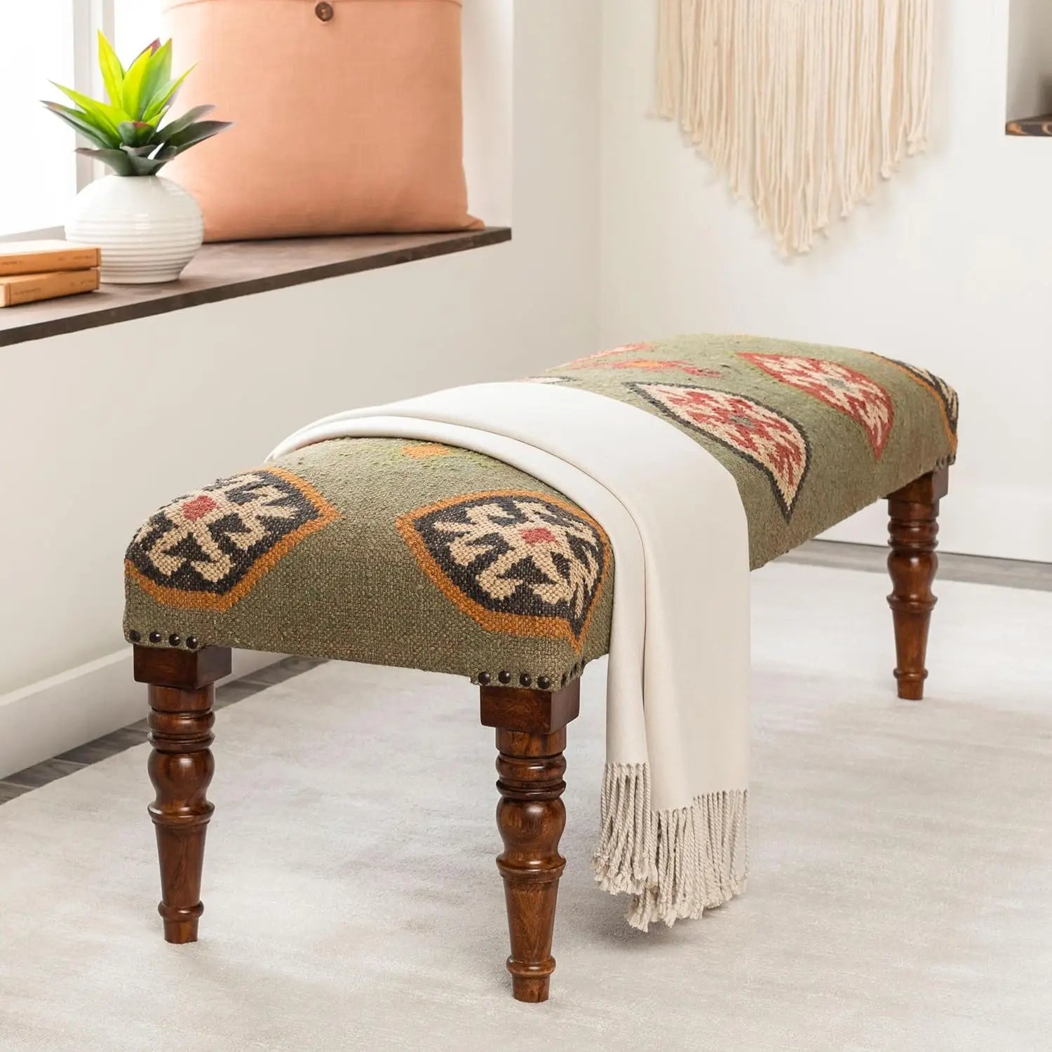 Mark&Day Bedroom Bench, Gran Dark Green Upholstered End of Bed Ottoman Benches, Rustic Boho Entryway Footrest Stool Seat, Handma