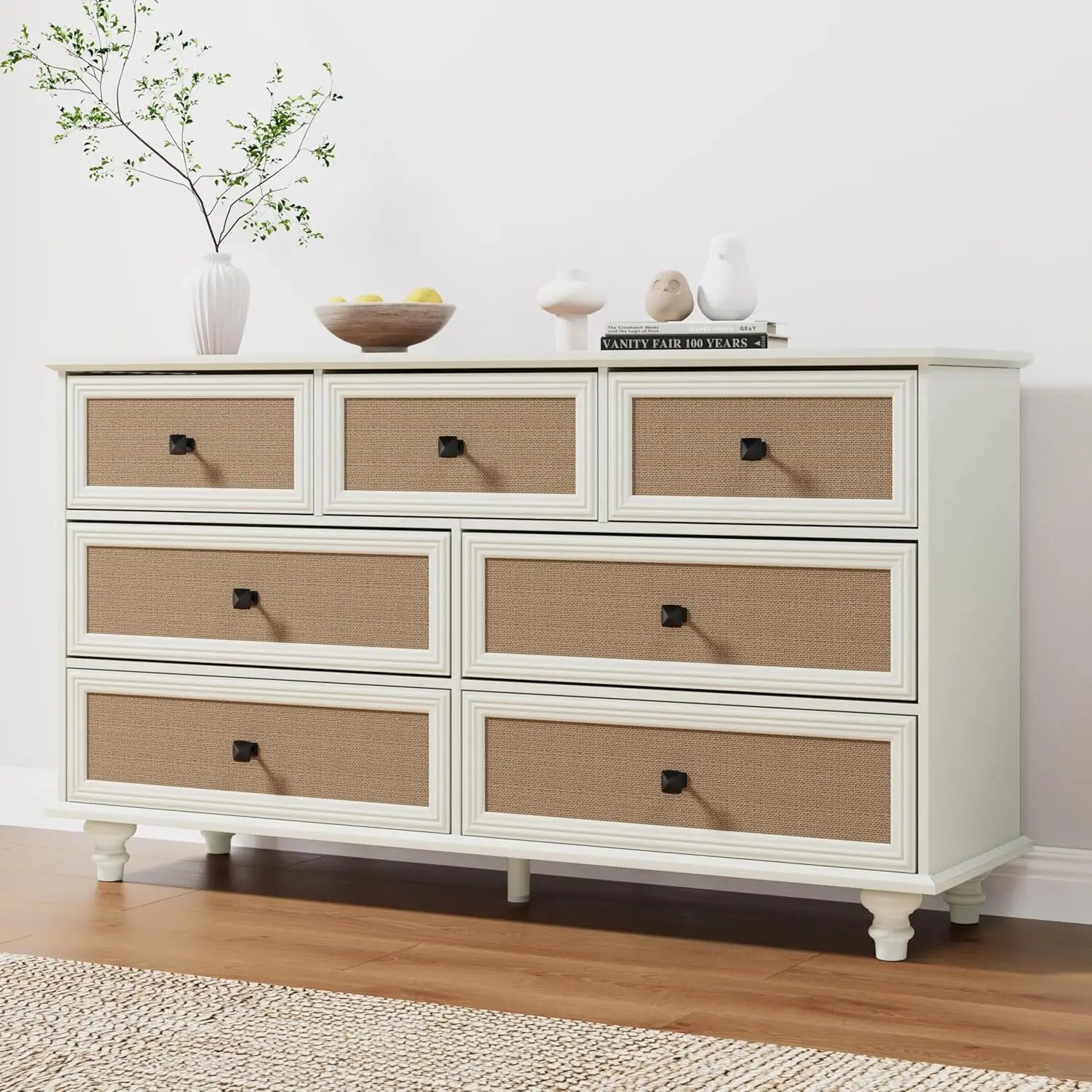 7 Drawer Dresser for Bedroom, Mid Century Modern Wide Wood Rustic Chest of Drawers Wooden Storage Organizer Dressers