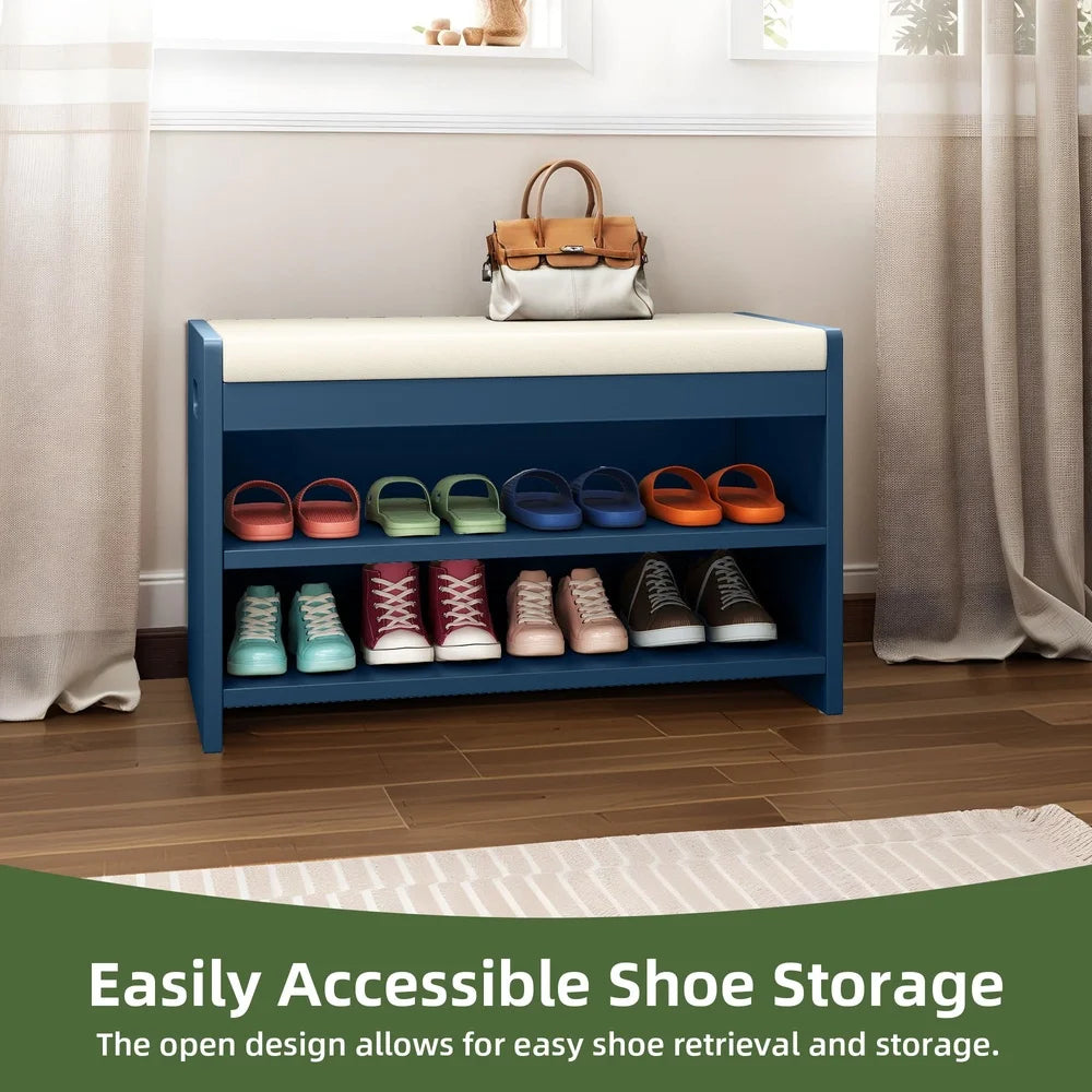 2-Tier Shoe Bench Organizer Entryway Storage Unit Comfortable Cushion Easy Assembly Indoor Use Hallway Mudroom