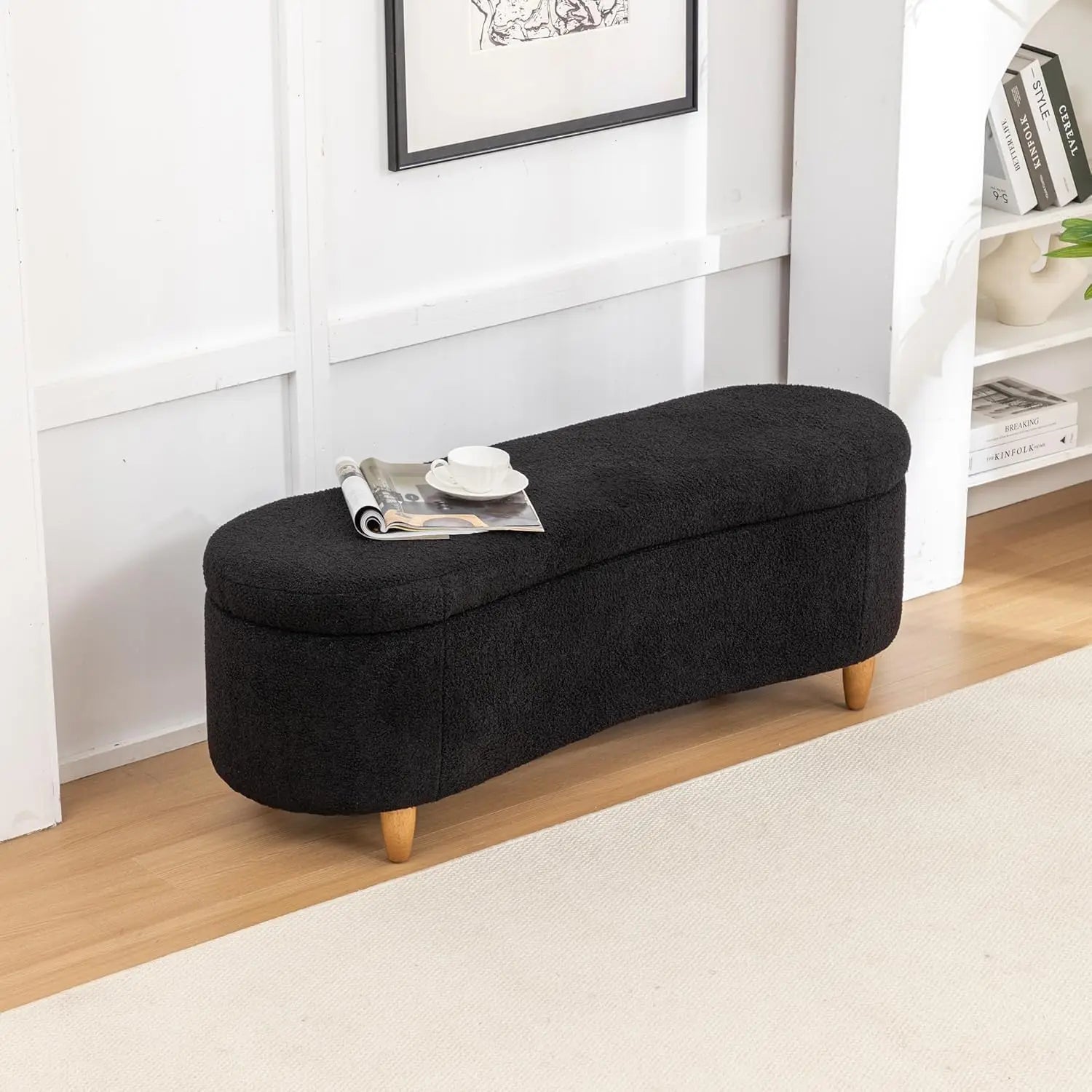 48" Storage Ottoman Bench, Upholstered Oval Entryway Bench with 4 Solid Wood Legs, Flip-Top Teddy Fabric Footrest for Bedroom