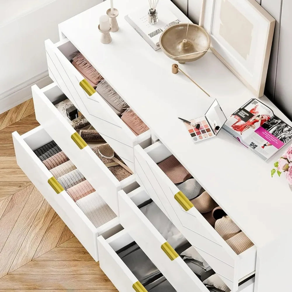 6 Drawers Dresser for Bedroom, Modern White Chest of Drawers Storage Chest Double Dresser Horizontal Dressers for Bedroom, Livin