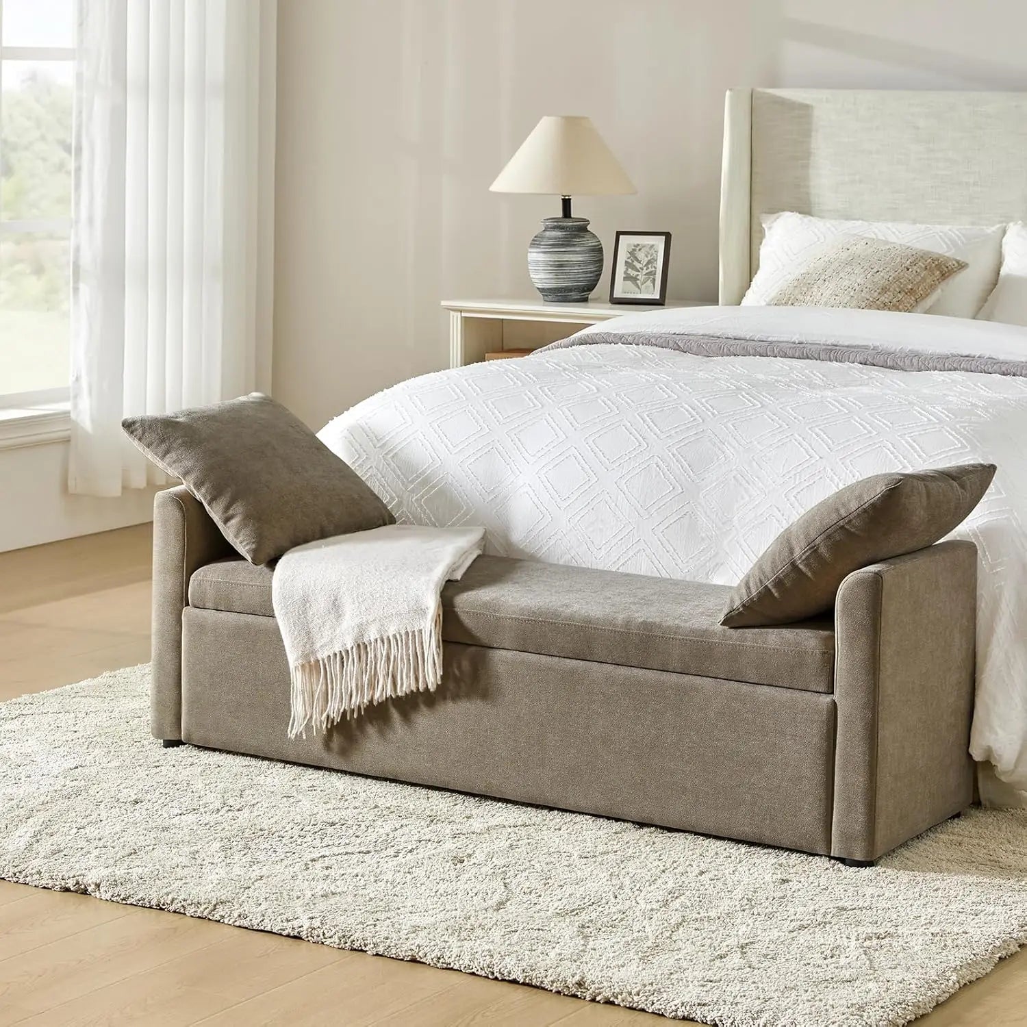 Modern Storage Bench with Throw Pillows, 59.4" Extra Long Bedroom Ottoman Bench for End of Bed, Comfy Upholstered