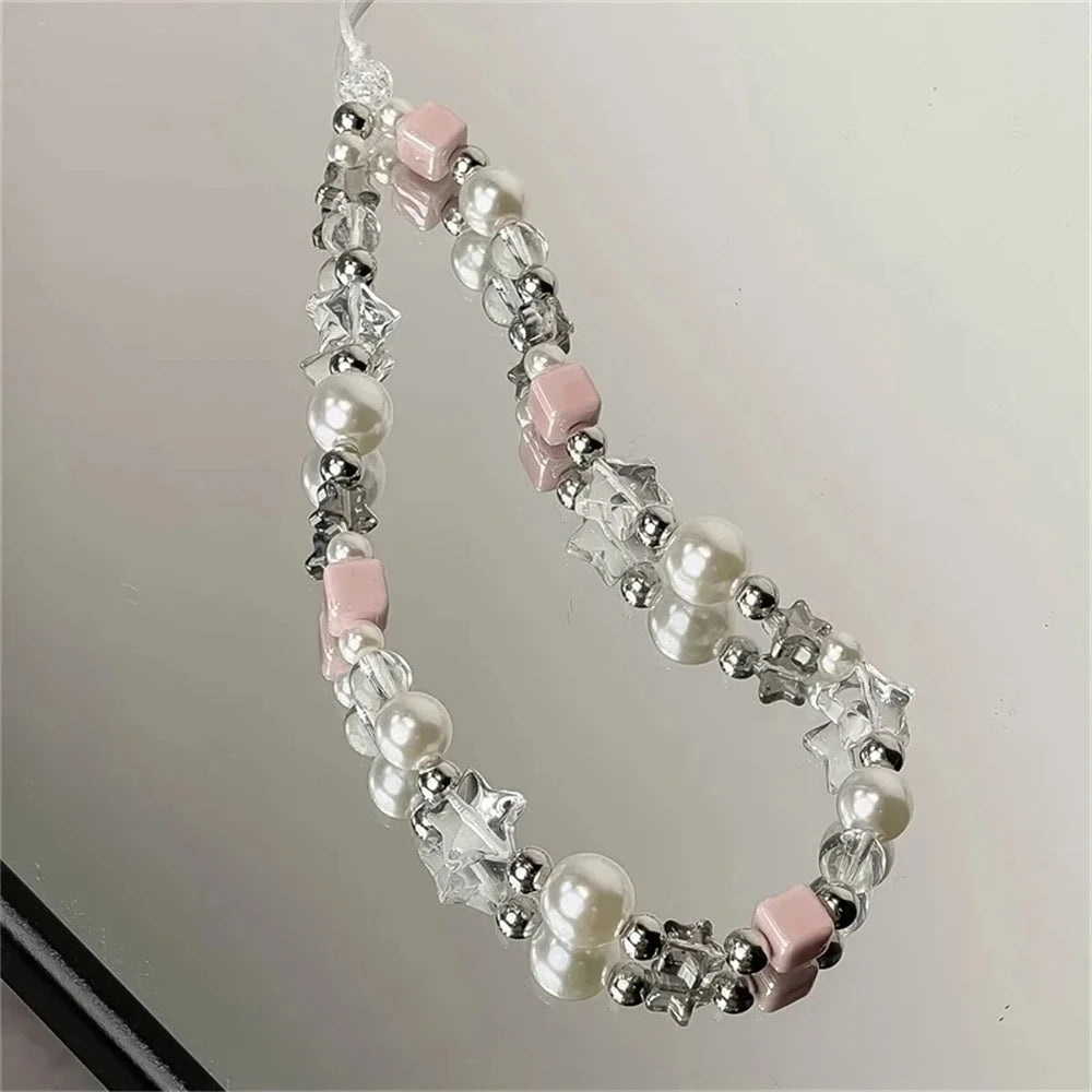 INS Korean Cute Star Charm Acrylic Imitation Pearl Beaded Phone Chain Sweet Accessories Gift Bracelet Unisex For Girl Jewelry