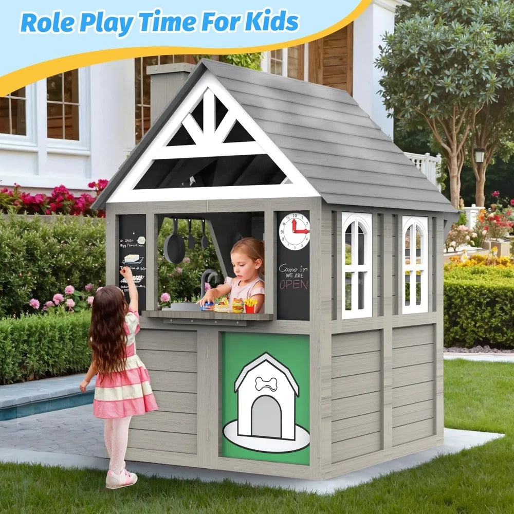 Kids Outdoor Playhouse,Cedar Gray Wooden Play House for Kids Ages 3-8, with Play Kitchen, Interactive Doorbell, Toy Phone, Sink,