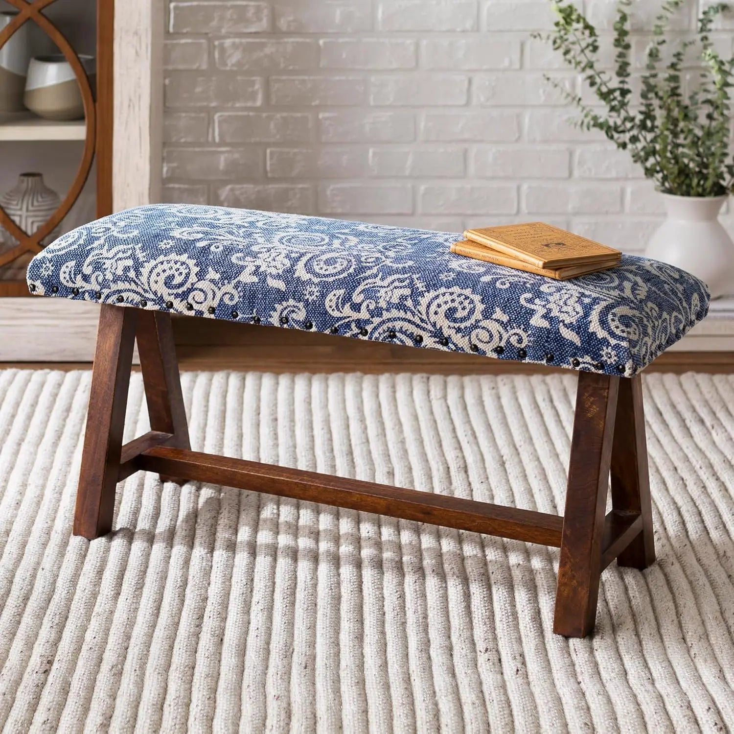 Mark&Day Bedroom Bench, Gran Dark Green Upholstered End of Bed Ottoman Benches, Rustic Boho Entryway Footrest Stool Seat, Handma