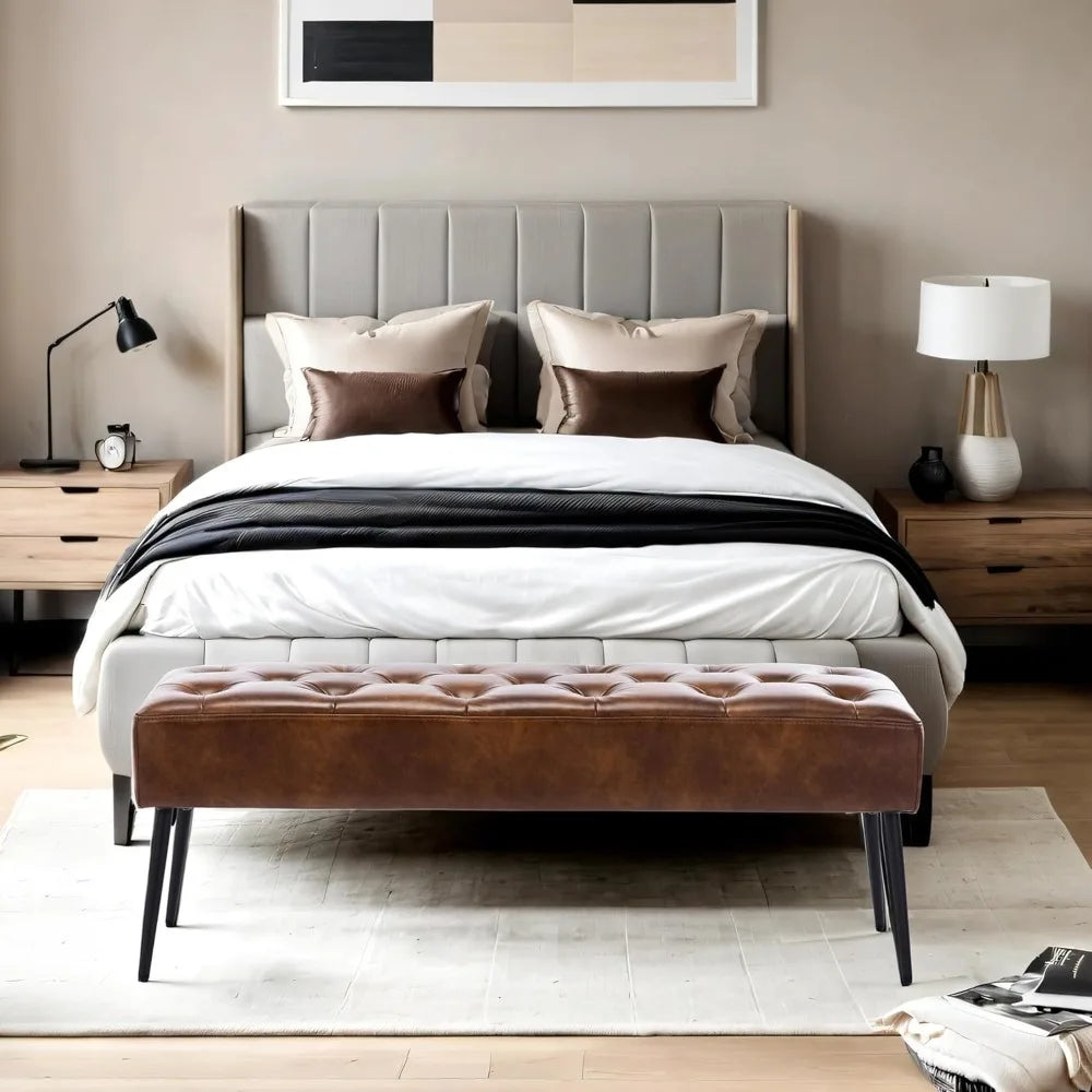 Button-Tufted Ottoman Bench, Upholstered Bedroom Benches Leather Footrest Stool Accent Bench for Entryway Dining Room