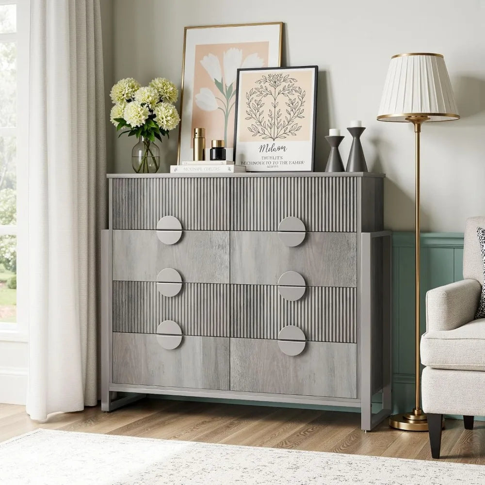 LGHM Fluted Gray Dresser for Bedroom, Modern 50 Wide Chest of Drawers, 8 Deep Drawers 42.8 Tall Dresser with Raised H Legs -Curv