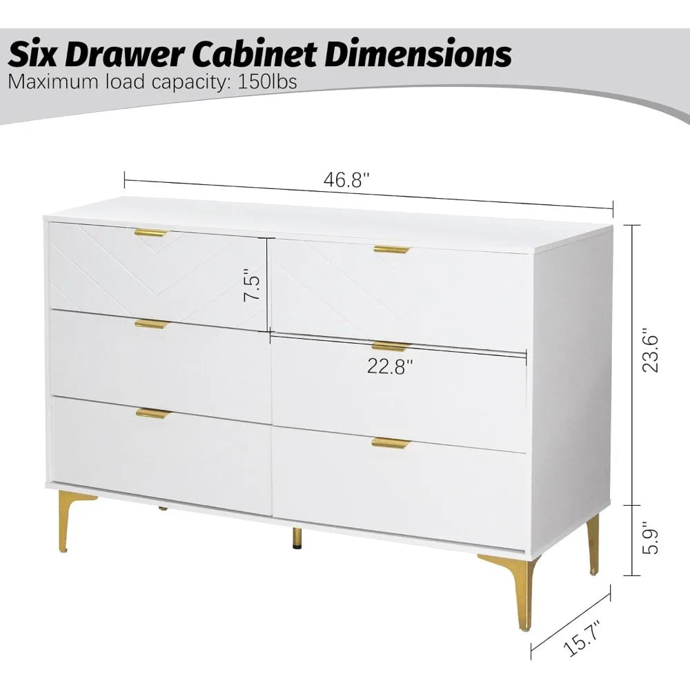 6 Drawers Dresser for Bedroom, Modern White Chest of Drawers Storage Chest Double Dresser Horizontal Dressers for Bedroom, Livin