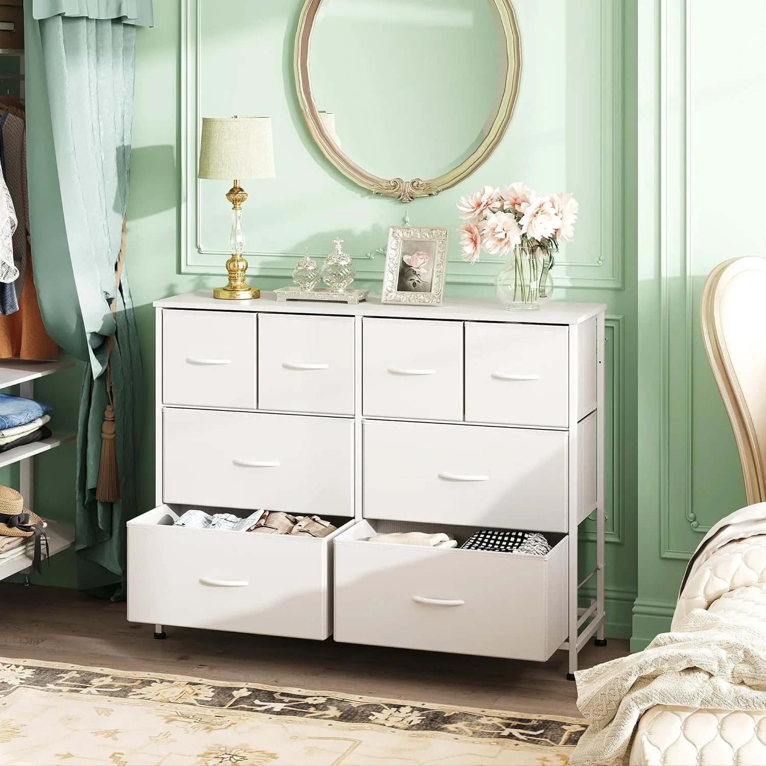 Dresser for Bedroom with 8 Drawers, Wide Fabric Dresser for Storage and Organization, Bedroom Dressers, Chest of Drawers, White