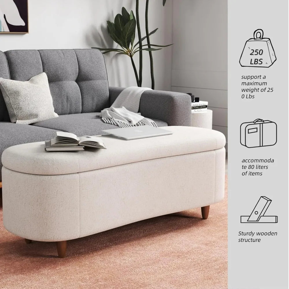 48" Storage Ottoman Bench, Upholstered Oval Entryway Bench with 4 Solid Wood Legs, Flip-Top Teddy Fabric Footrest for Bedroom