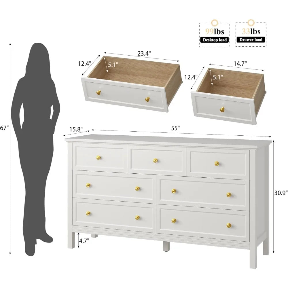 LYNSOM 7 Drawer White Dresser for Bedroom, 55 Wood Dresser with Gold Handles, Wide Modern Chest of Drawers for Hallway, Entryway