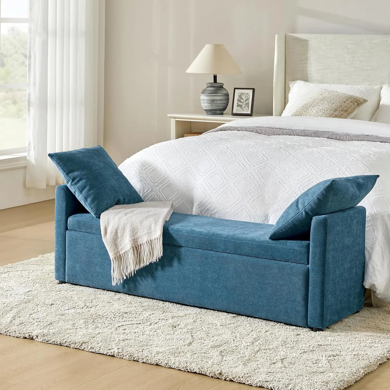 Modern Storage Bench with Throw Pillows, 59.4" Extra Long Bedroom Ottoman Bench for End of Bed, Comfy Upholstered