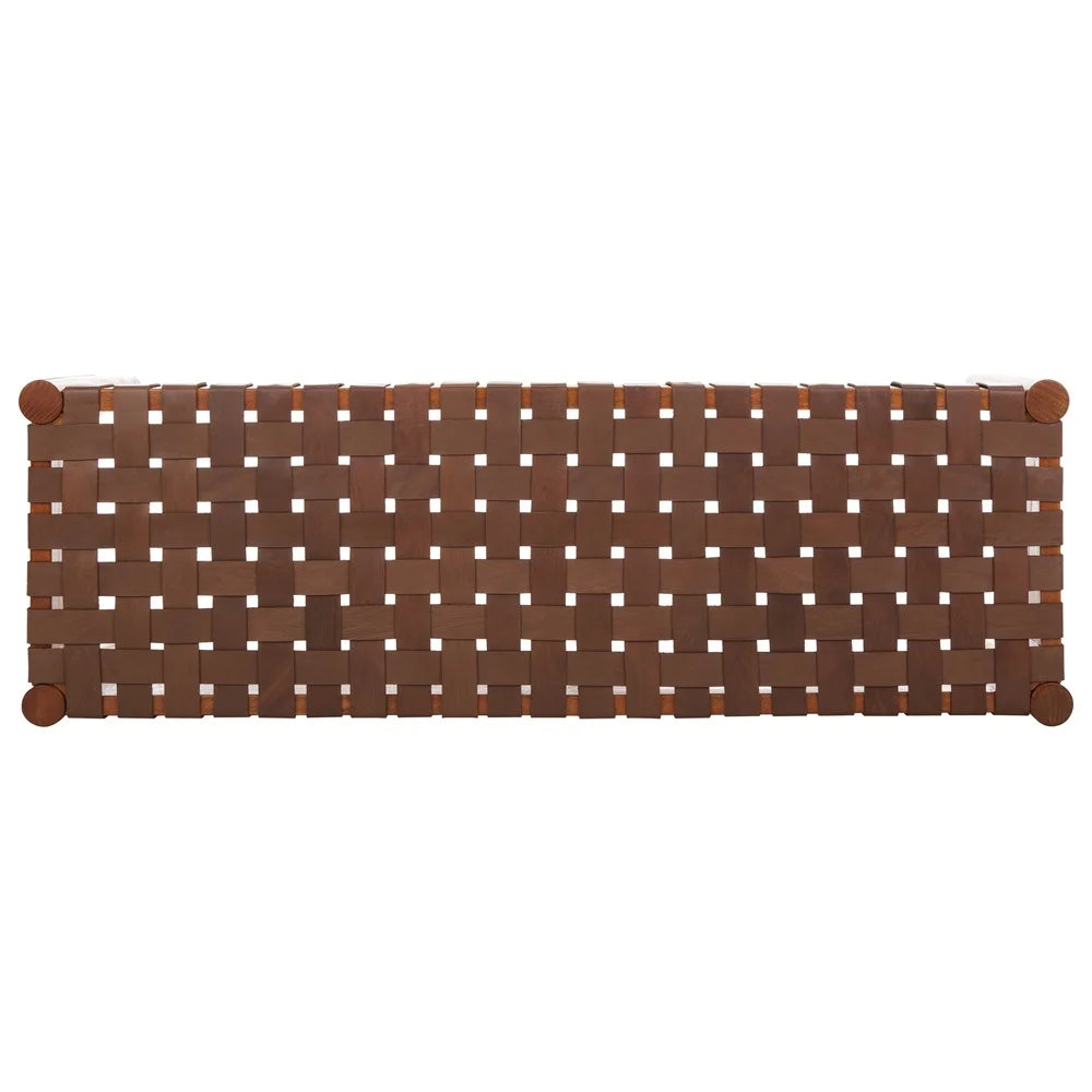 Contemporary Glam Leather Weave Bench Indoor Entryway Bedroom Living Room Durable Mindi Wood Frame Easy Care 550 lbs Weight