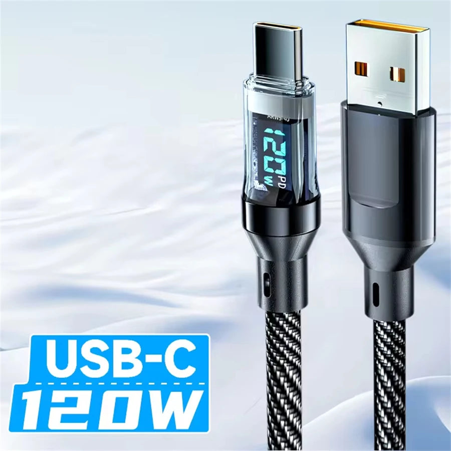 120W USB to Type C Cable Phone Super Fast Charging Cable With LED Display 100W Type-C To Type-C Data Cord For Huawei Oppo Vivo