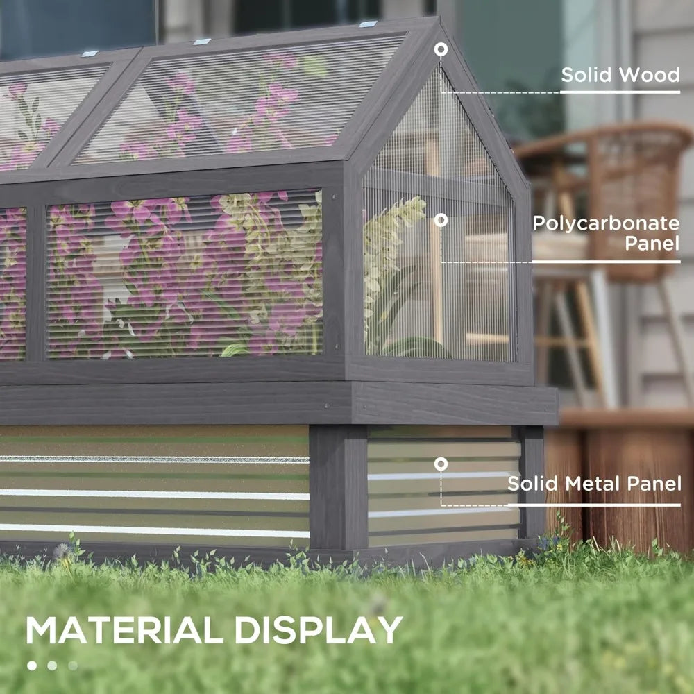 Raised Garden Bed with Polycarbonate Greenhouse, Wooden Cold Frame for Flower Plant Protection, 48 x 2 Feet